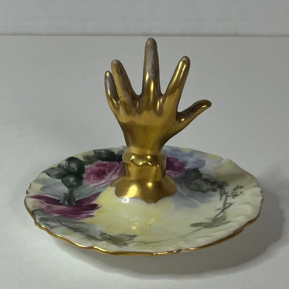Vintage Limoges France Porcelain Ring Holder Gold Hand Floral Dish C.H. Snyder